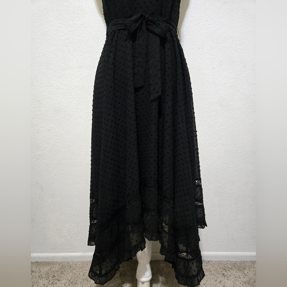 AQUA Black Midi Dress Swiss Dot Lace Inset Handkerchief Hem Tie Waist Small - Picture 4 of 15